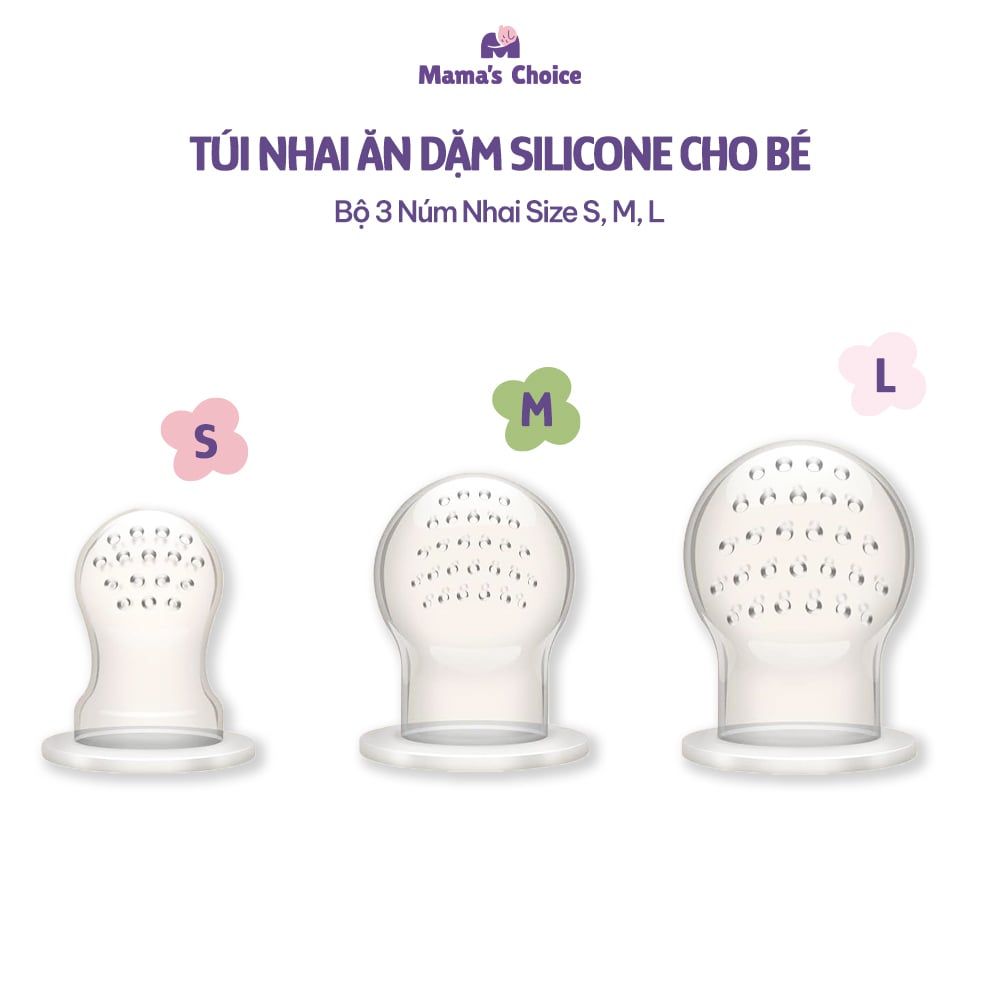 Túi Nhai Ăn Dặm Mama's Choice Cho Bé, Núm Nhai Hoa Quả Chống Hóc, Tặng Kèm 3 Size Núm Phù Hợp Bé Từ 4 Tháng Tuổi