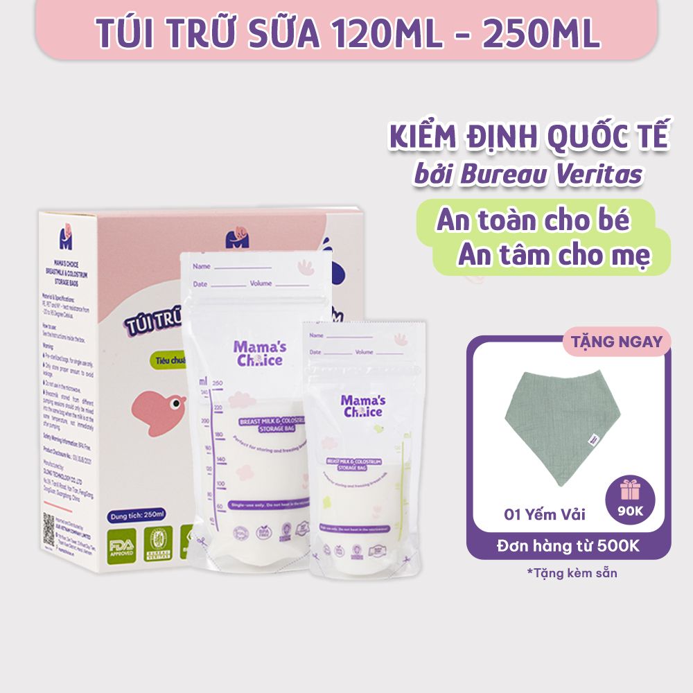 Túi Trữ Sữa Mama's Choice Dung Tích 120ml-250ml, Bảo Quản Sữa Mẹ An Toàn, 2 Khóa Zipper Chống Rò Rỉ (Hộp 30 túi)