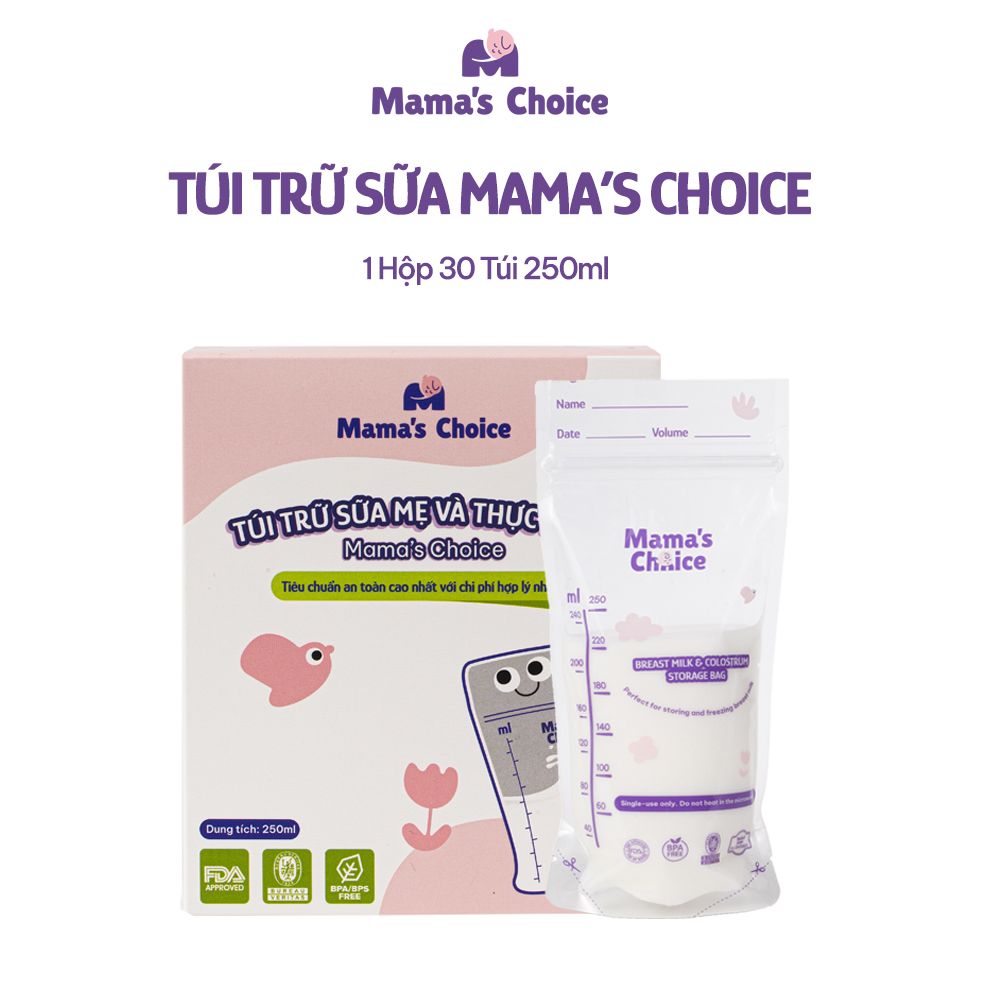 Túi Trữ Sữa Mama's Choice Dung Tích 120ml-250ml, Bảo Quản Sữa Mẹ An Toàn, 2 Khóa Zipper Chống Rò Rỉ (Hộp 30 túi)