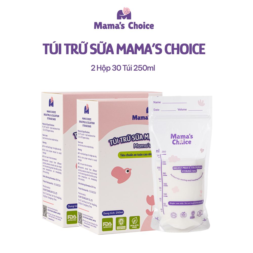 Túi Trữ Sữa Mama's Choice Dung Tích 120ml-250ml, Bảo Quản Sữa Mẹ An Toàn, 2 Khóa Zipper Chống Rò Rỉ (Hộp 30 túi)