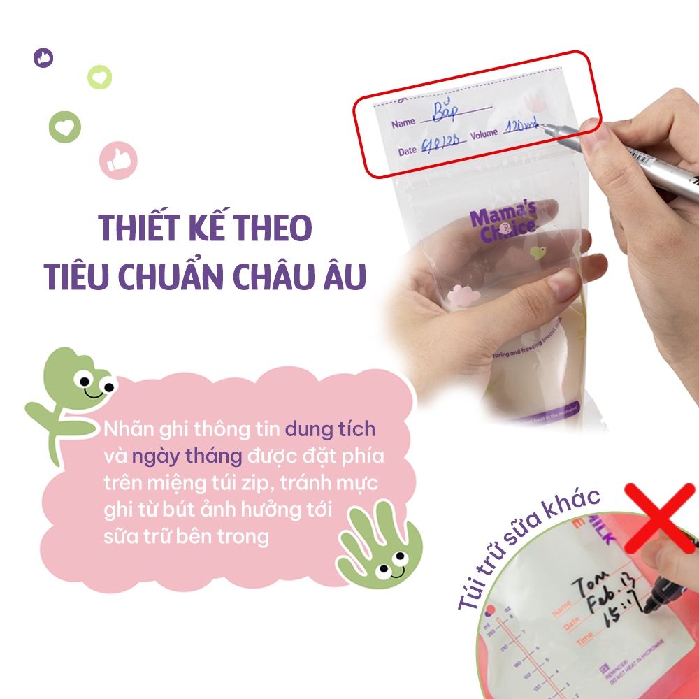 Túi Trữ Sữa Mama's Choice Dung Tích 120ml-250ml, Bảo Quản Sữa Mẹ An Toàn, 2 Khóa Zipper Chống Rò Rỉ (Hộp 30 túi)