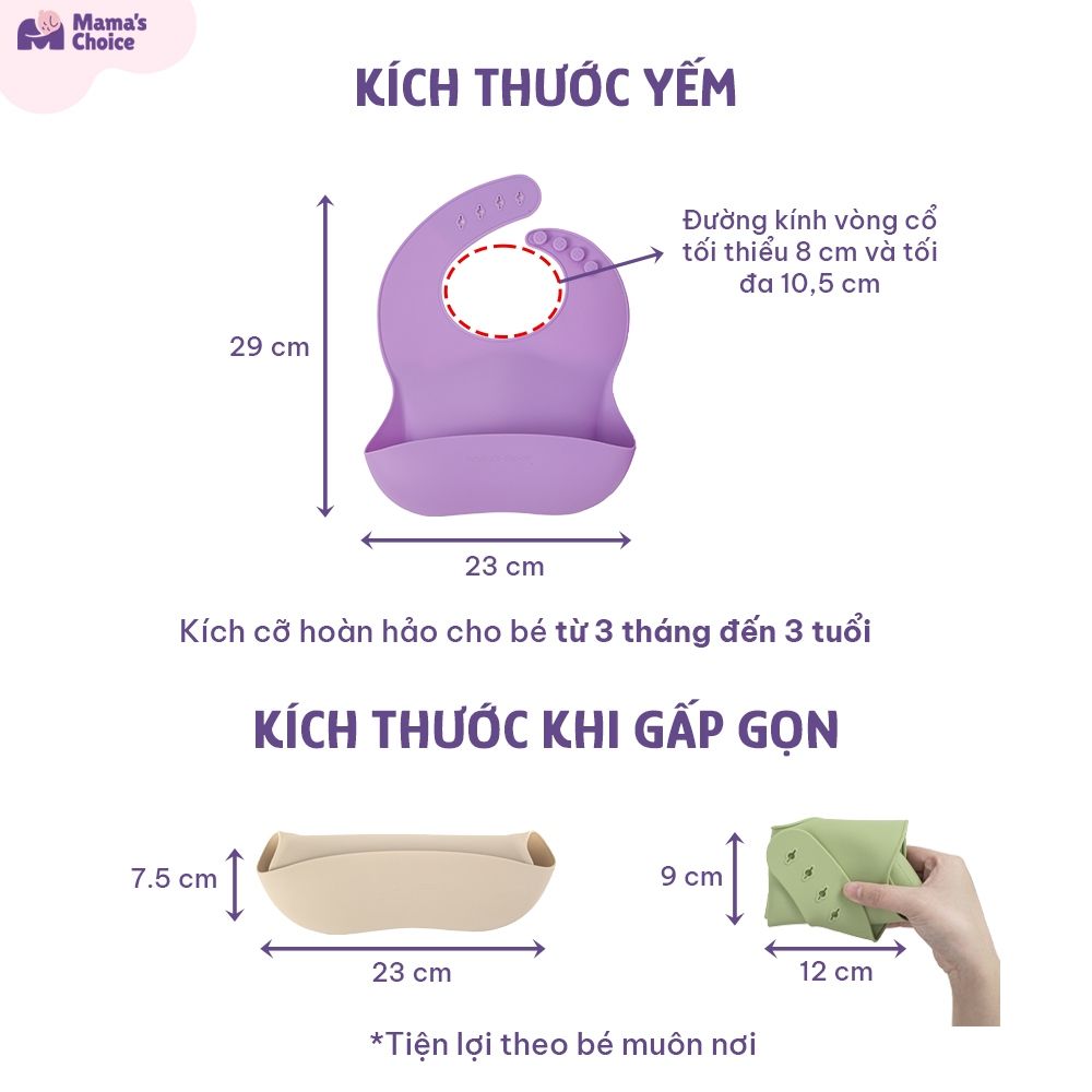 Yếm Ăn Dặm Silicone Mama's Choice Cao Cấp, Thiết Kế Đặc Biệt với Máng Chắn Thức Ăn và Nấc Điều Chỉnh Phù Hợp Với Bé