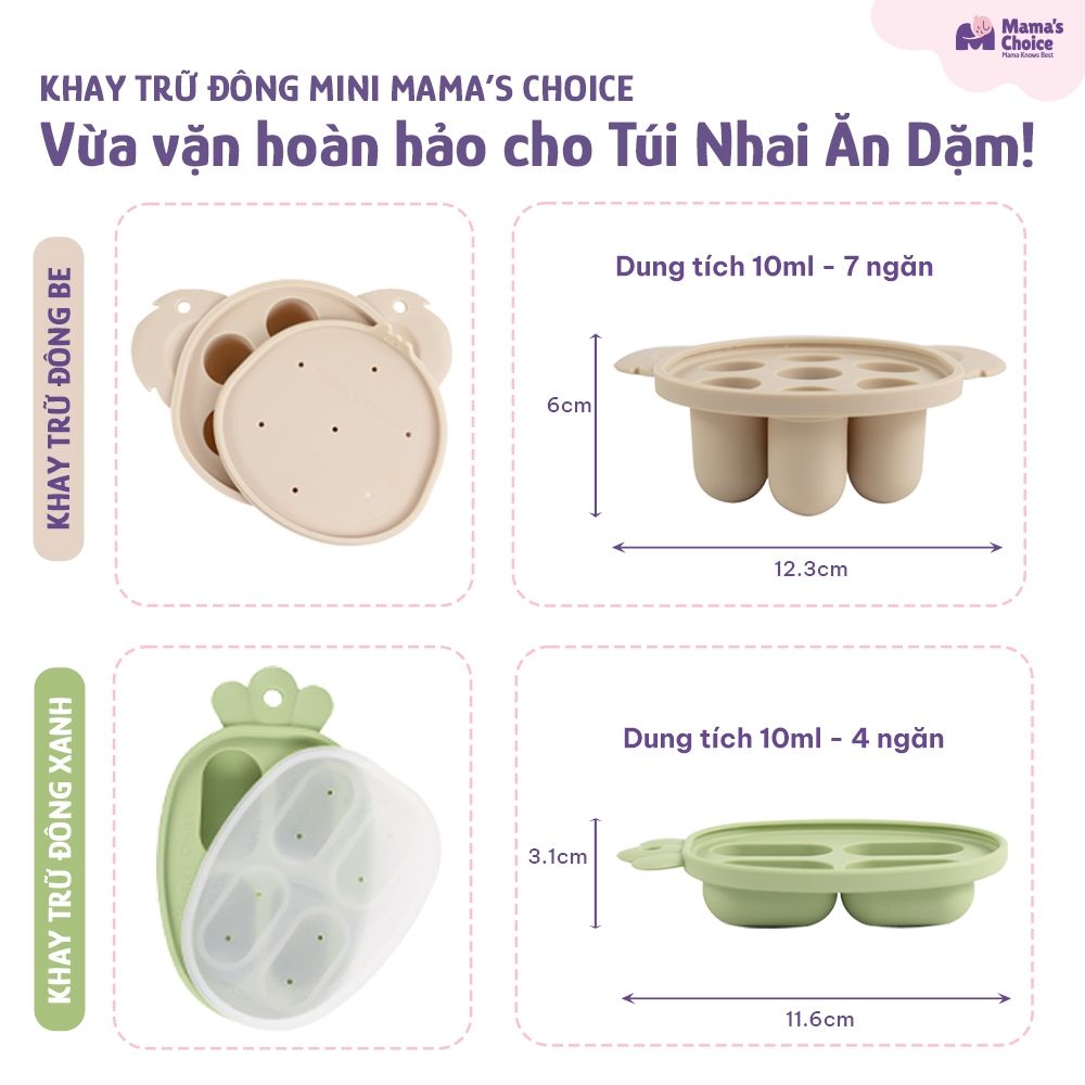 Khay Trữ Đông Mini Mama's Choice, Bảo Quản Đồ Ăn Dặm Thức Ăn Cho Bé, Nắp Đậy Chắc Chắn, Chất Liệu Silicone Bạch Kim