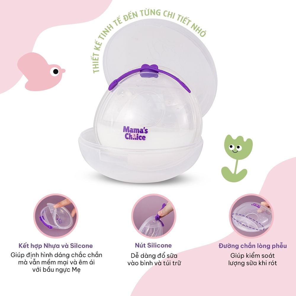 Phễu Hứng Sữa Mama's Choice, Chất Liệu Silicone Cao Cấp, Có Nút Đậy Chống Tràn và Dây Đeo Chống Rơi (Hộp 2 Cái)