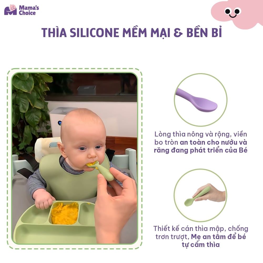 Thìa Ăn Dặm Silicone Mama's Choice, Chất Liệu Mềm Mại và An Toàn Kiểm Định Quốc Tế Bureau Veritas
