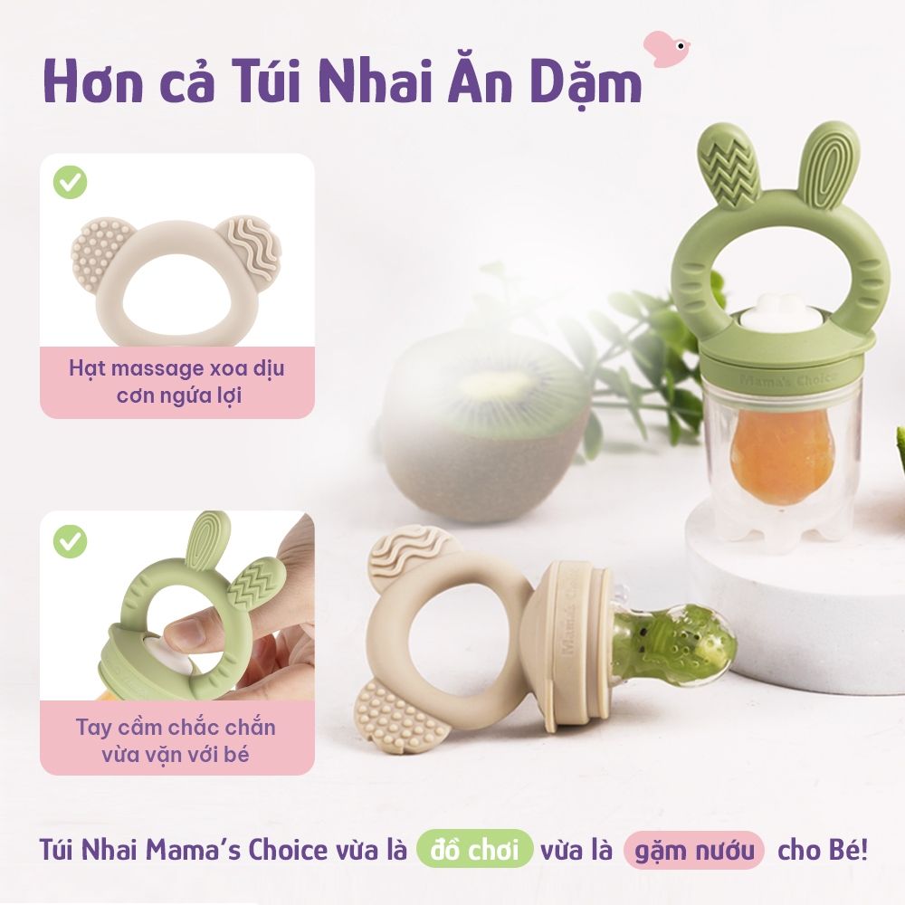 Túi Nhai Ăn Dặm Mama's Choice Cho Bé, Núm Nhai Hoa Quả Chống Hóc, Tặng Kèm 3 Size Núm Phù Hợp Bé Từ 4 Tháng Tuổi