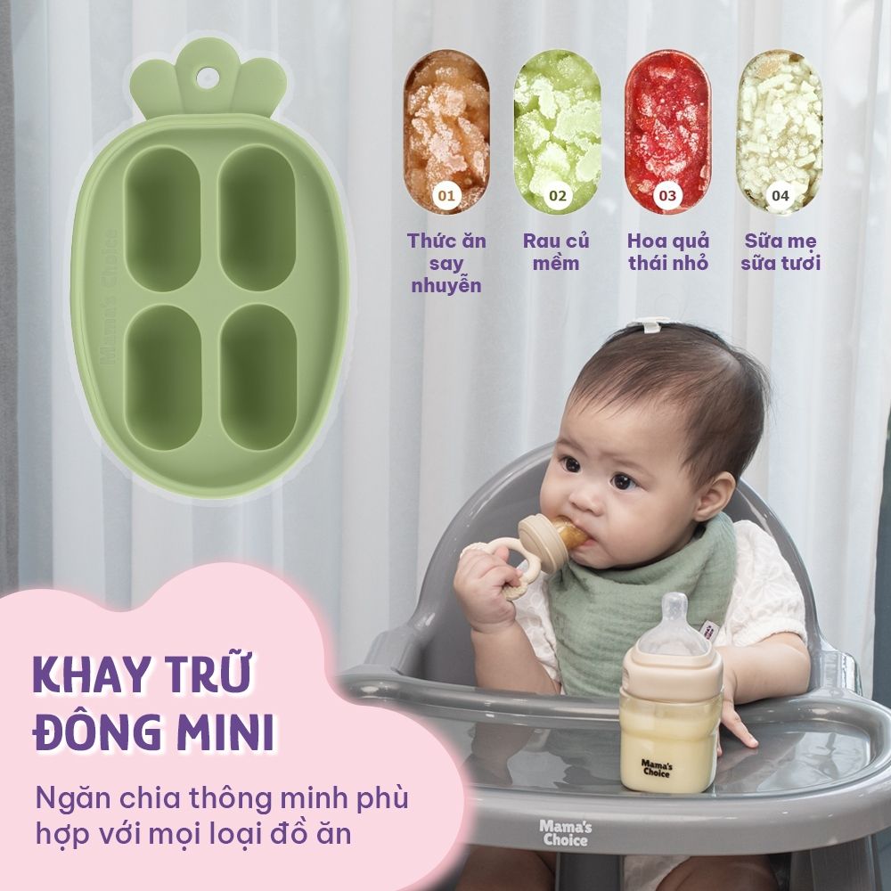Khay Trữ Đông Mini Mama's Choice, Bảo Quản Đồ Ăn Dặm Thức Ăn Cho Bé, Nắp Đậy Chắc Chắn, Chất Liệu Silicone Bạch Kim