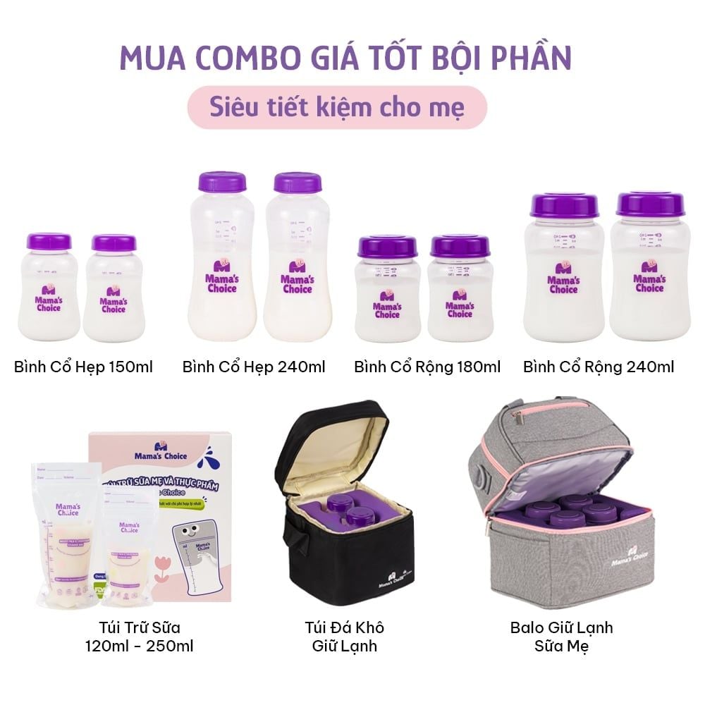 Bình Trữ Sữa Cổ Hẹp Mama's Choice 150ml–240ml, Bình Đựng Sữa Tương Thích Máy Hút Sữa Medela, Unimom, Real Bubee, Ameda