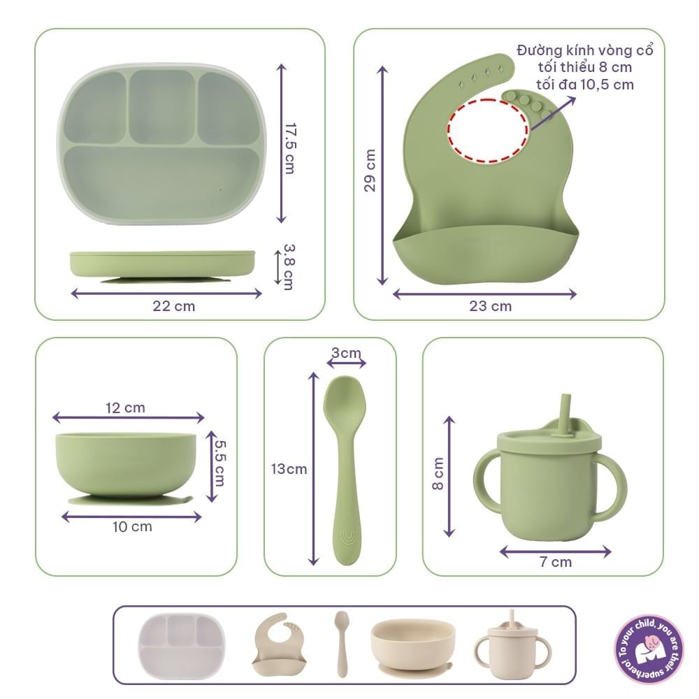Bộ Ăn Dặm Cho Bé Thương Hiệu Mama's Choice, Combo Bát-Khay-Yếm-Thìa-Cốc Silicone Cao Cấp