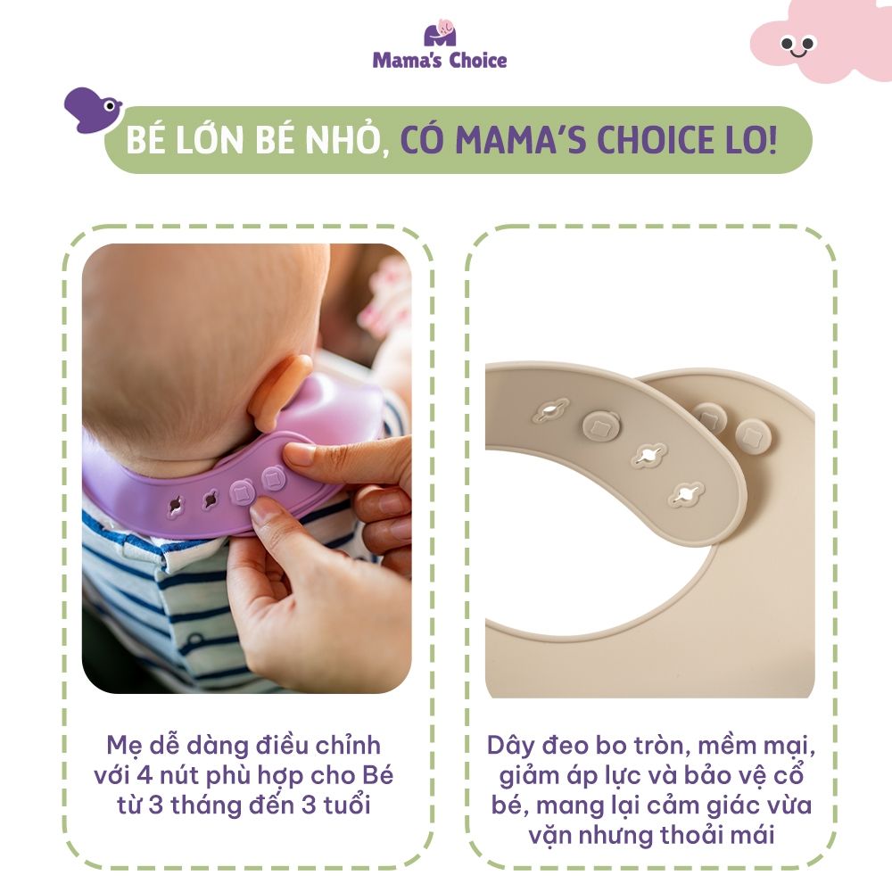 Yếm Ăn Dặm Silicone Mama's Choice Cao Cấp, Thiết Kế Đặc Biệt với Máng Chắn Thức Ăn và Nấc Điều Chỉnh Phù Hợp Với Bé