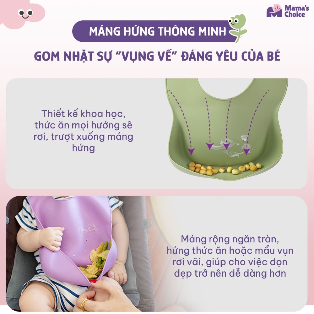 Yếm Ăn Dặm Silicone Mama's Choice Cao Cấp, Thiết Kế Đặc Biệt với Máng Chắn Thức Ăn và Nấc Điều Chỉnh Phù Hợp Với Bé