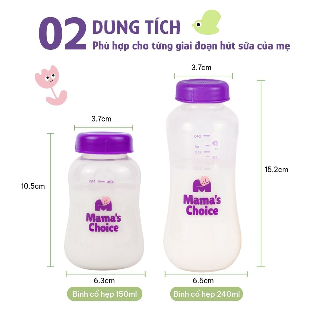 Bình Trữ Sữa Cổ Hẹp Mama's Choice 150ml–240ml, Bình Đựng Sữa Tương Thích Máy Hút Sữa Medela, Unimom, Real Bubee, Ameda