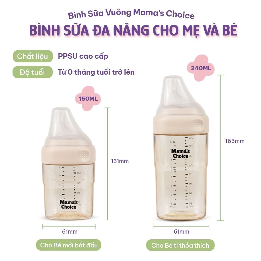 Bình Sữa Mama's Choice PPSU 150ml 240ml, Núm Ty Thiết Kế Mới Mô Phỏng Ti Mẹ Siêu Mềm, Kiểm Định An Toàn Quốc Tế