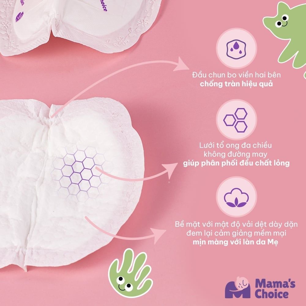 Miếng Lót Thấm Sữa Mama's Choice, Tấm Lót Thấm Hút Sữa Mẹ, Mỏng Nhẹ và Bám Dính Tốt (Hộp 60 Miếng)