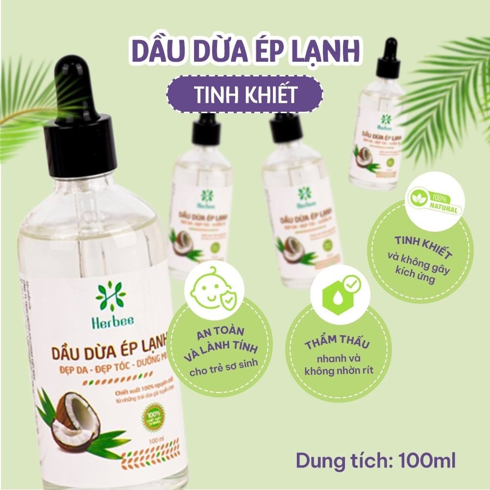 Dầu Dừa Ép Lạnh Herbee 100ml, Massage Cho Trẻ Sơ Sinh, Làm Mờ Vết Rạn Da, 100% Chiết Xuất Tự Nhiên