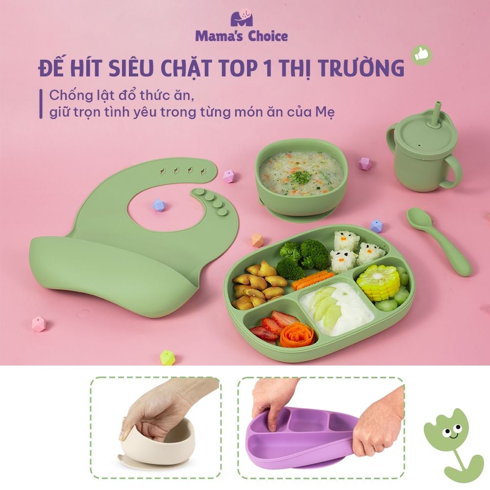 Bộ Ăn Dặm Cho Bé Thương Hiệu Mama's Choice, Combo Bát-Khay-Yếm-Thìa-Cốc Silicone Cao Cấp