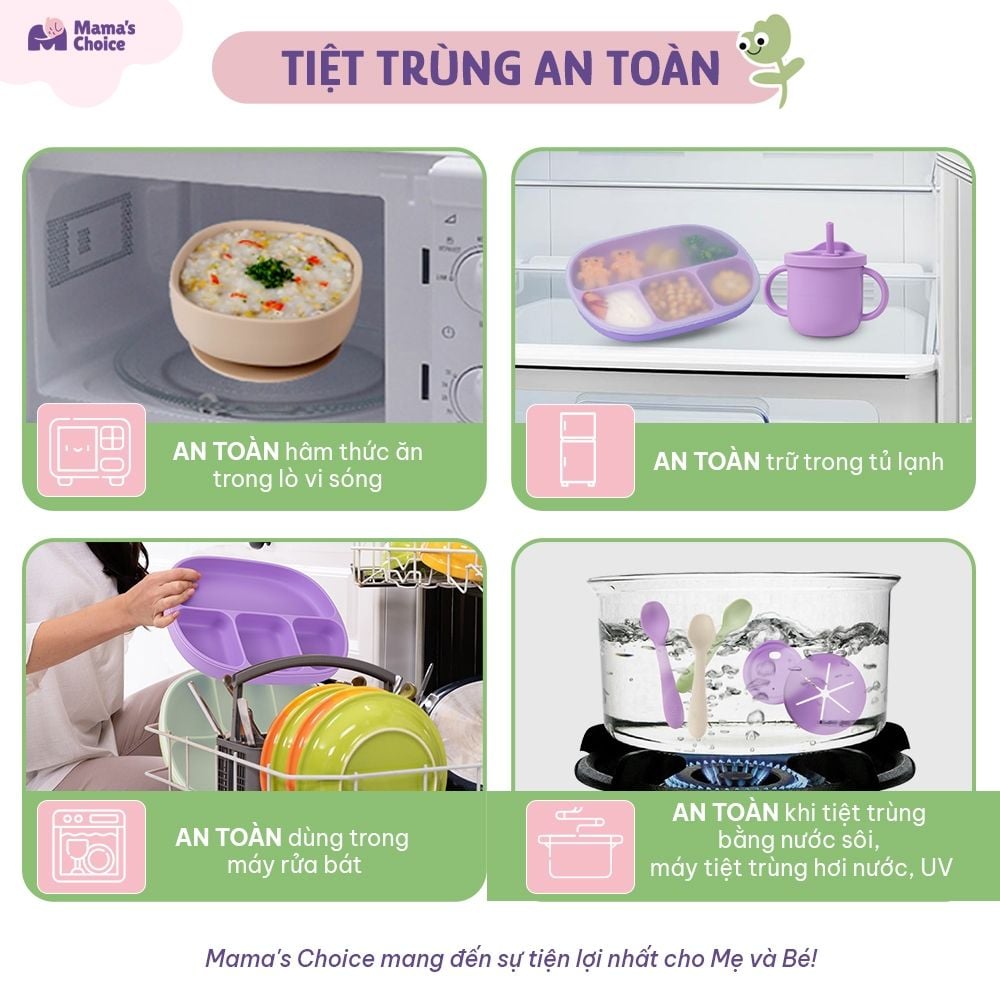 Bộ Ăn Dặm Cho Bé Thương Hiệu Mama's Choice, Combo Bát-Khay-Yếm-Thìa-Cốc Silicone Cao Cấp