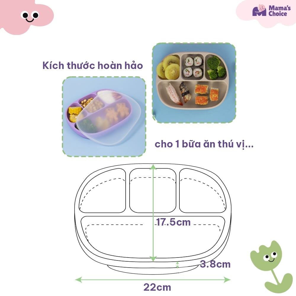 Khay Ăn Dặm Silicone Mama's Choice, Giúp Bé Ăn Dặm Dễ Dàng Với Thiết Kế Đặc Biệt Đế Hít Chống Trượt Đổ và Nắp Đậy