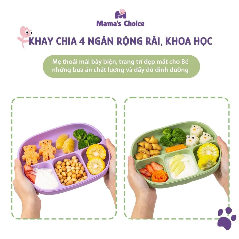 Khay Ăn Dặm Silicone Mama's Choice, Giúp Bé Ăn Dặm Dễ Dàng Với Thiết Kế Đặc Biệt Đế Hít Chống Trượt Đổ và Nắp Đậy