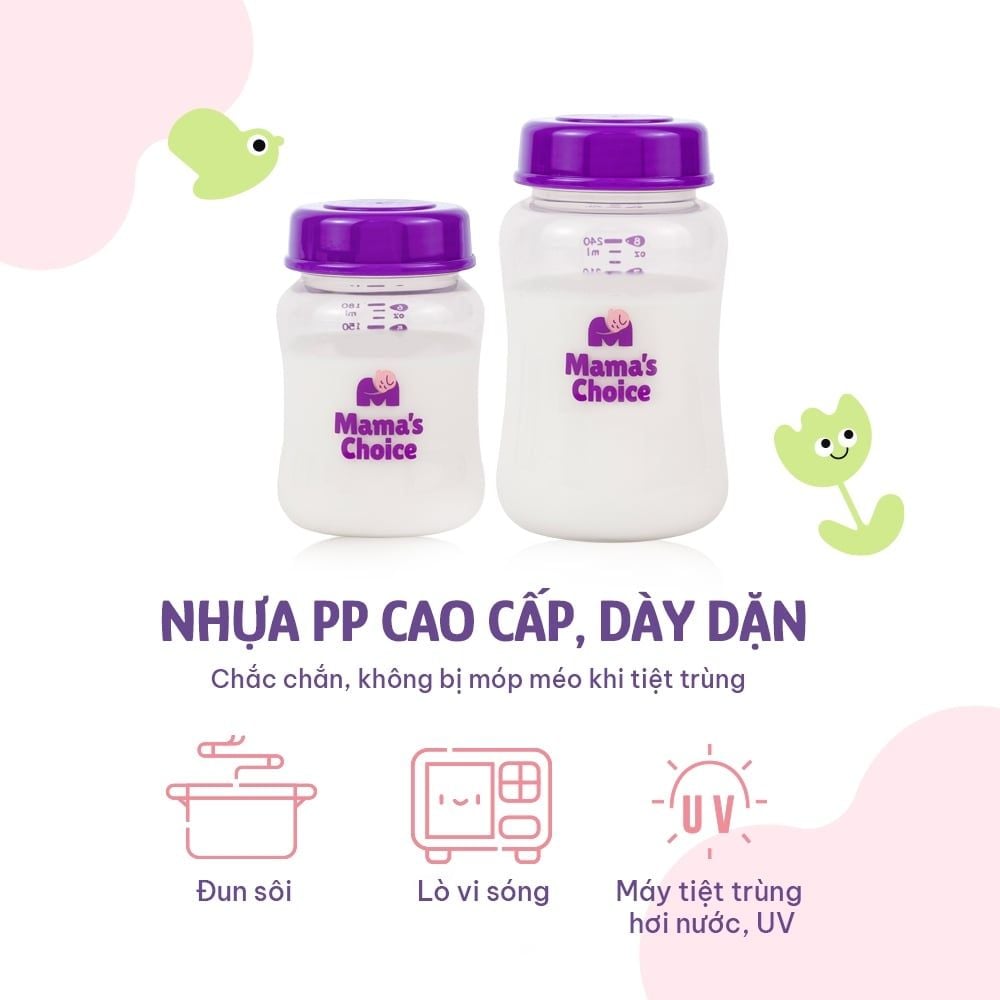 Bình Trữ Sữa Cổ Rộng Mama's Choice 180ml–240ml, Tương Thích Máy Hút Sữa Spectra, Avent, Fatz, Rozabi, Cimilre, BioHealth