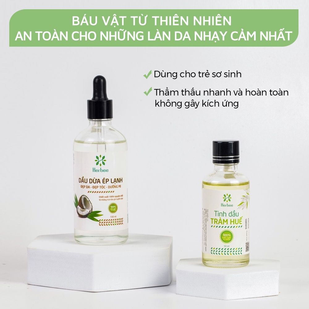 Combo Dầu Dừa Ép Lạnh (100ml) và Tinh Dầu Tràm Huế (50ml) Thương Hiệu Herbee, Combo Massage & Giữ Ấm Cho Mẹ Bé