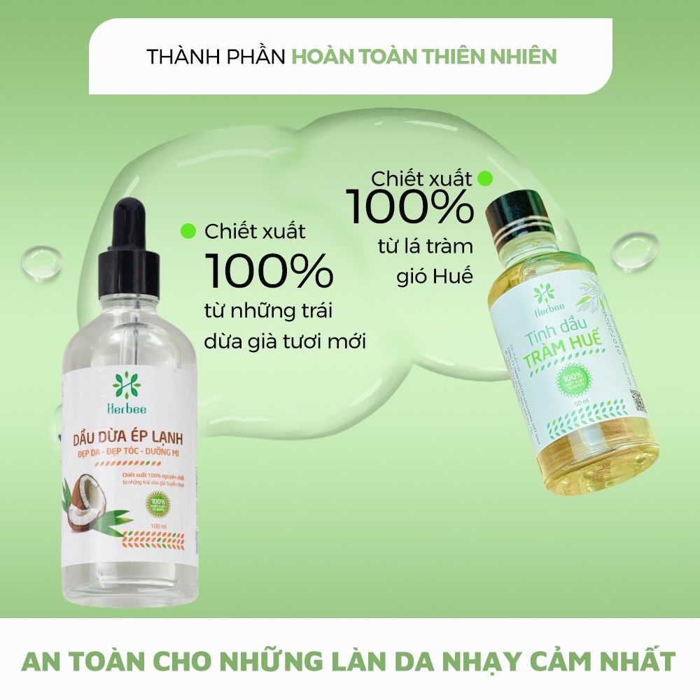 Combo Dầu Dừa Ép Lạnh (100ml) và Tinh Dầu Tràm Huế (50ml) Thương Hiệu Herbee, Combo Massage & Giữ Ấm Cho Mẹ Bé
