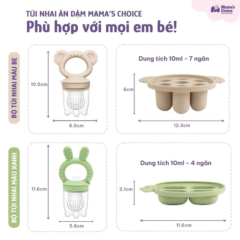 Túi Nhai Ăn Dặm Mama's Choice Cho Bé, Núm Nhai Hoa Quả Chống Hóc, Tặng Kèm 3 Size Núm Phù Hợp Bé Từ 4 Tháng Tuổi