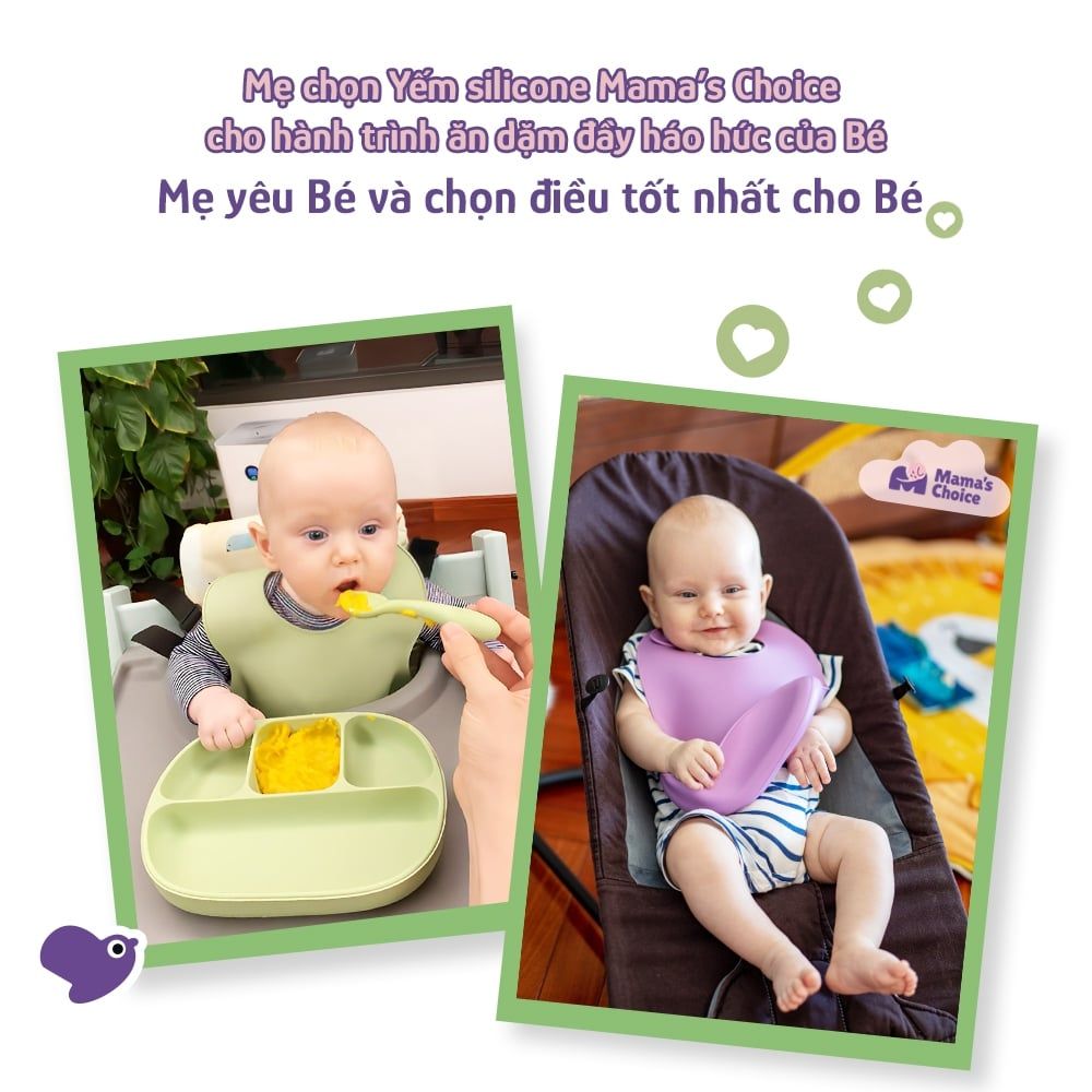 Yếm Ăn Dặm Silicone Mama's Choice Cao Cấp, Thiết Kế Đặc Biệt với Máng Chắn Thức Ăn và Nấc Điều Chỉnh Phù Hợp Với Bé