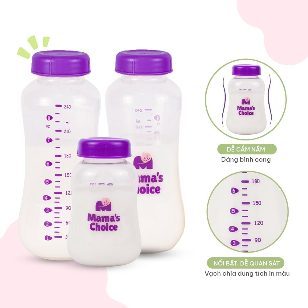 Bình Trữ Sữa Cổ Hẹp Mama's Choice 150ml–240ml, Bình Đựng Sữa Tương Thích Máy Hút Sữa Medela, Unimom, Real Bubee, Ameda