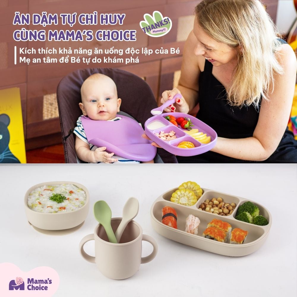 Bộ Ăn Dặm Cho Bé Thương Hiệu Mama's Choice, Combo Bát-Khay-Yếm-Thìa-Cốc Silicone Cao Cấp