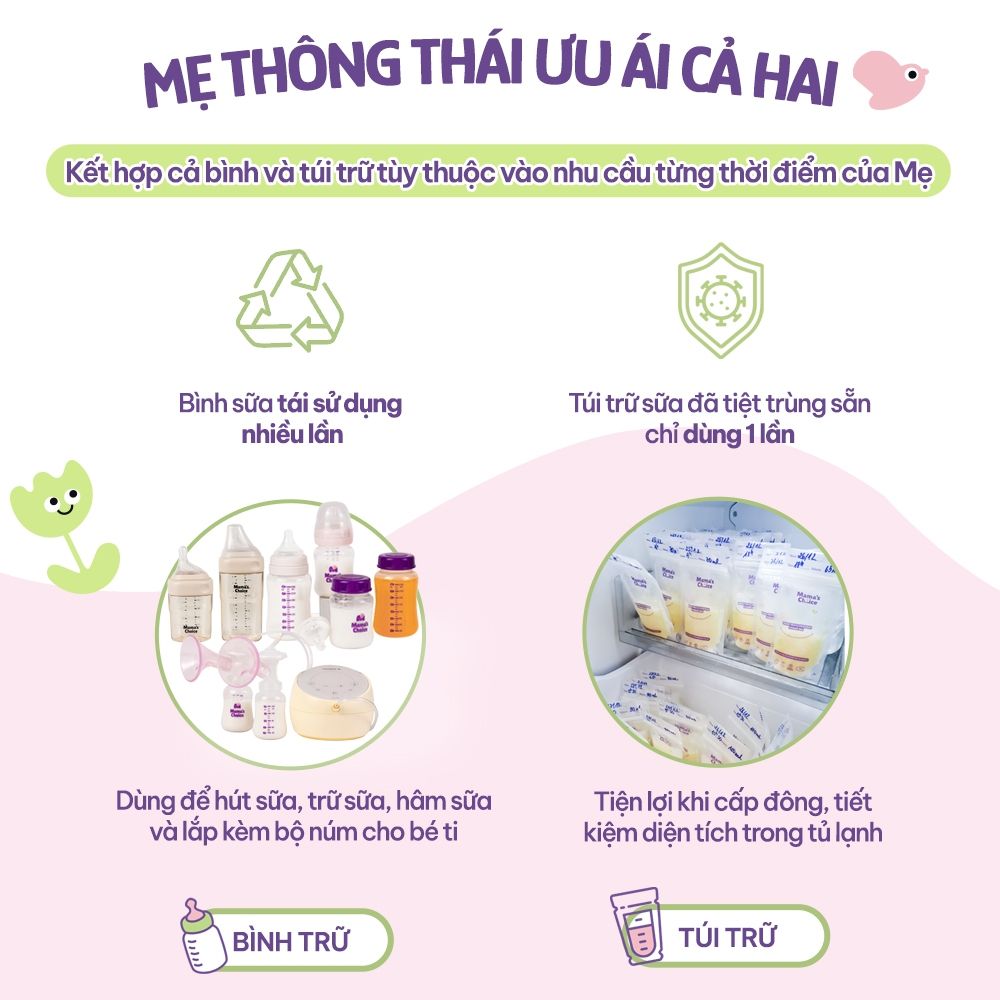 Combo Bình Trữ Sữa và Túi Trữ Sữa Mama’s Choice, Bảo Quản và Đựng Sữa Mẹ, Kiểm Định An Toàn Quốc Tế Bureau Veritas