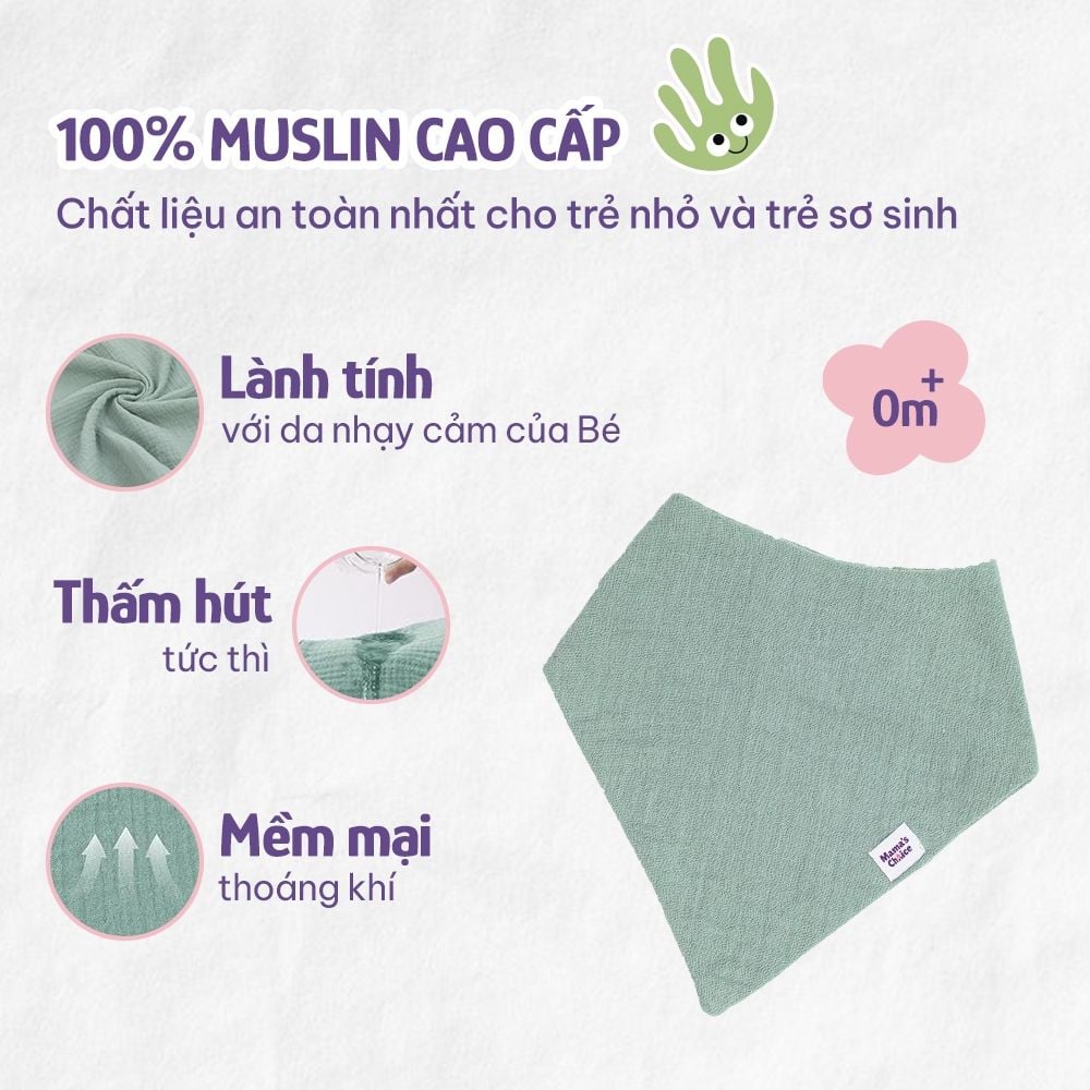 Yếm Vải Cho Bé Mama's Choice, Chất Liệu Vải Xô Muslin Siêu Mềm và Dày Dặn, 2 Cúc Bấm Điều Chỉnh Phù Hơp Với Bé