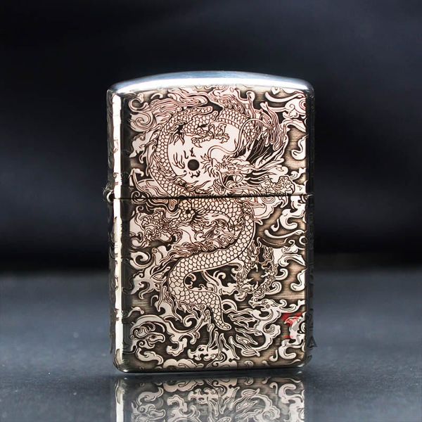 Zippo Bạc Khối Armor Khắc Rồng Mây BK82