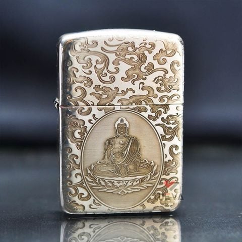 Zippo Bạc Khối Tái Bản 1941 Chủ Đề Phật Ngự Đài Sen BK71