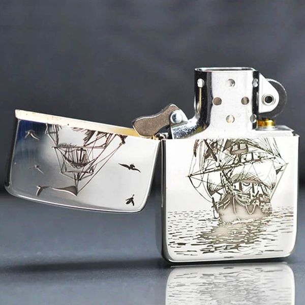 Zippo Bạc Khối Tái Bản 1941 Khắc Hình Thuyền Buồm BK55