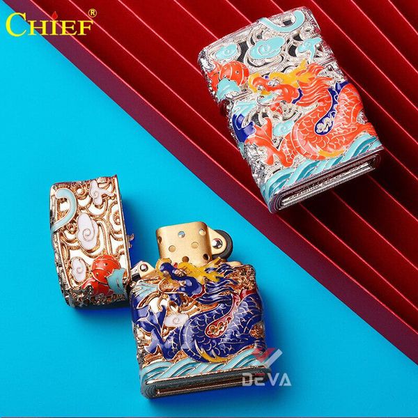 Bật lửa xăng đá Chief bọc lưới hoa văn chủ đề rồng thần CF1355-1356