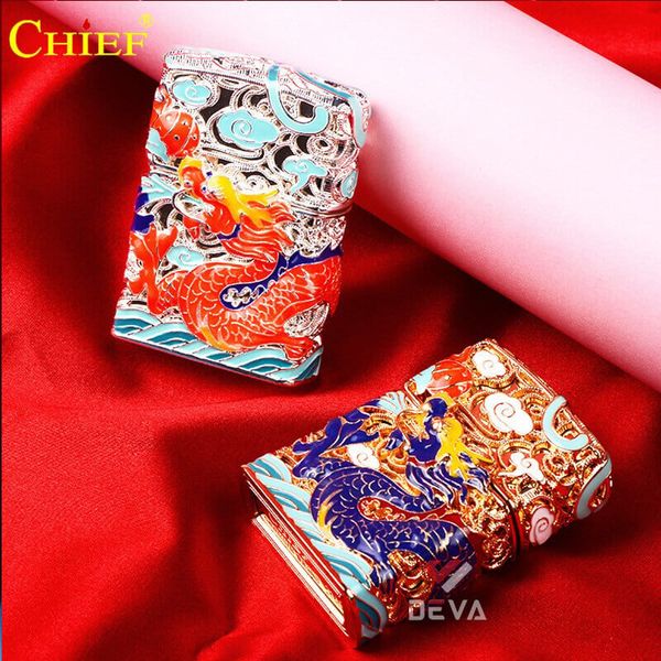 Bật lửa xăng đá Chief bọc lưới hoa văn chủ đề rồng thần CF1355-1356