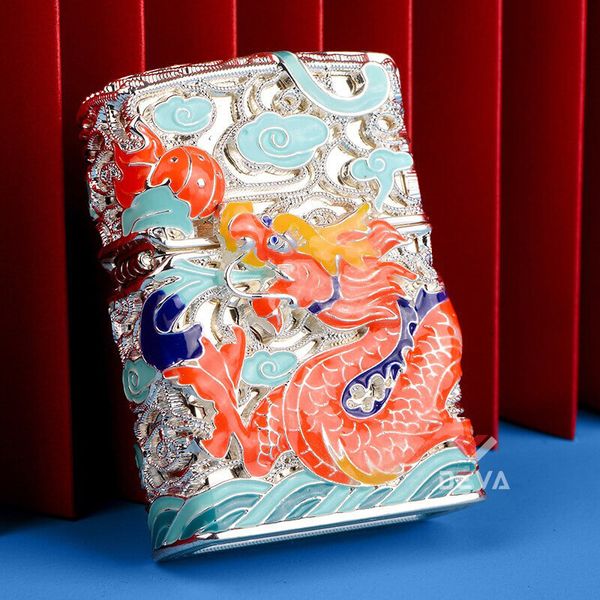 Bật lửa xăng đá Chief bọc lưới hoa văn chủ đề rồng thần CF1355-1356