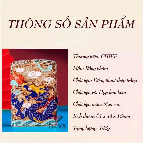Bật lửa xăng đá Chief bọc lưới hoa văn chủ đề rồng thần CF1355-1356