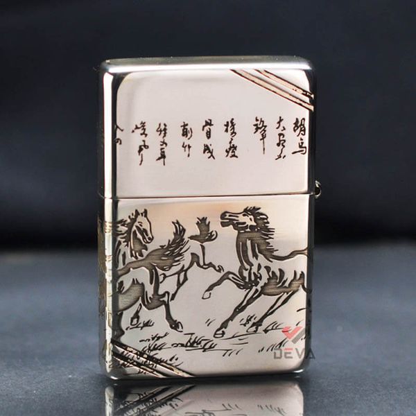 Zippo Bạc Khối Chặt Góc Khắc Đàn Ngựa Mã Đáo Thành Công BK78