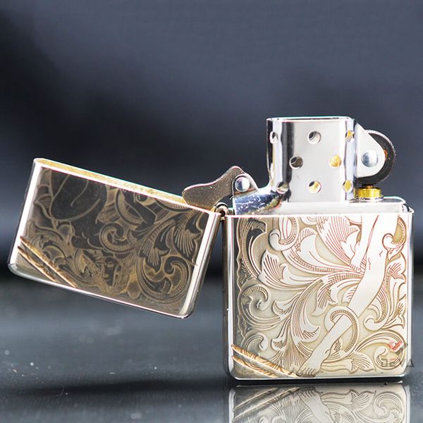 Zippo Bạc Khối Vintage Tái Bản 1937 Chặt Góc Chủ Đề Cô Gái Sexy BK07