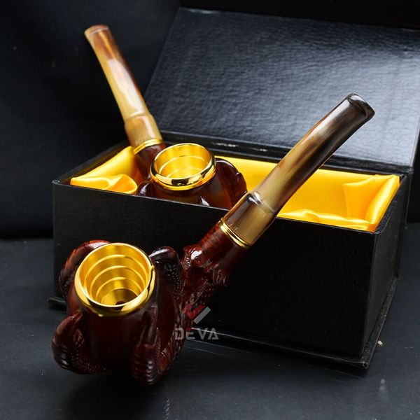 Tẩu Cigar gỗ đàn hương khắc hình vuốt rồng cán sừng Freesize TS19