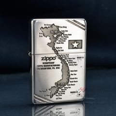 Zippo Bạc Khối Tái Bản 1937 Vintage Chặt Góc Khắc Bản Đồ Việt Nam BK88