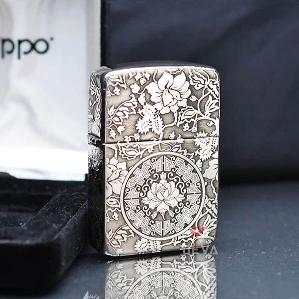 Zippo Bạc Khối Tái Bản 1941 Khắc Hoa Mẫu Đơn Các Mặt BK53