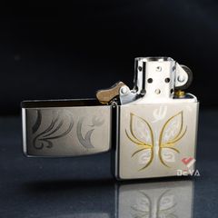 Zippo Satin Khắc Hình Con Bướm Cách Điệu Mạ Vàng Z62