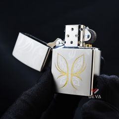 Zippo Satin Khắc Hình Con Bướm Cách Điệu Mạ Vàng Z62