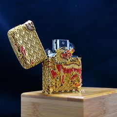 Zippo Bọc Lưới Mạ Vàng Chủ Đề Kỳ Lân Bảo Hộ ZN77