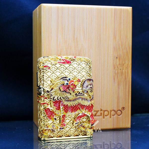Zippo Bọc Lưới Mạ Vàng Chủ Đề Kỳ Lân Bảo Hộ ZN77