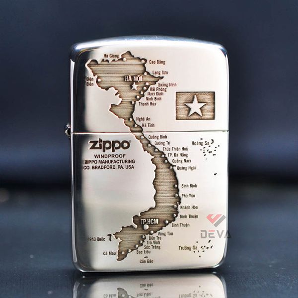 Zippo Bạc Khối Tái Bản 1941 Khắc Bản Đồ Việt Nam BK74