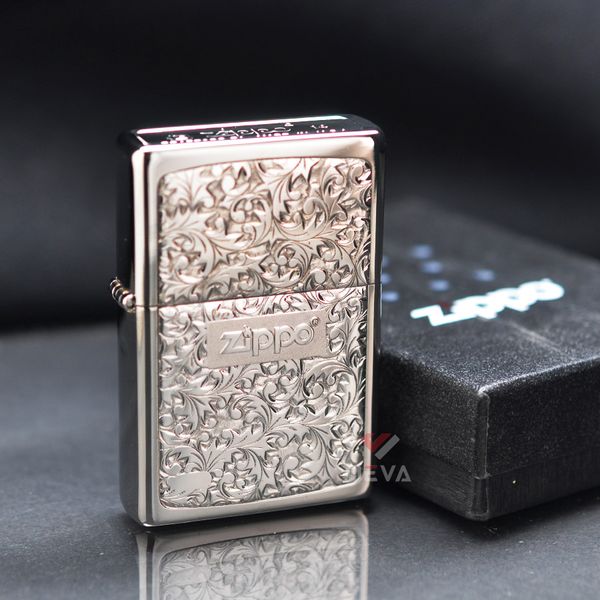Zippo 2 Mộc Đáy Bottom Up Hoa Văn Silver Plate Titanium Coating ZN159